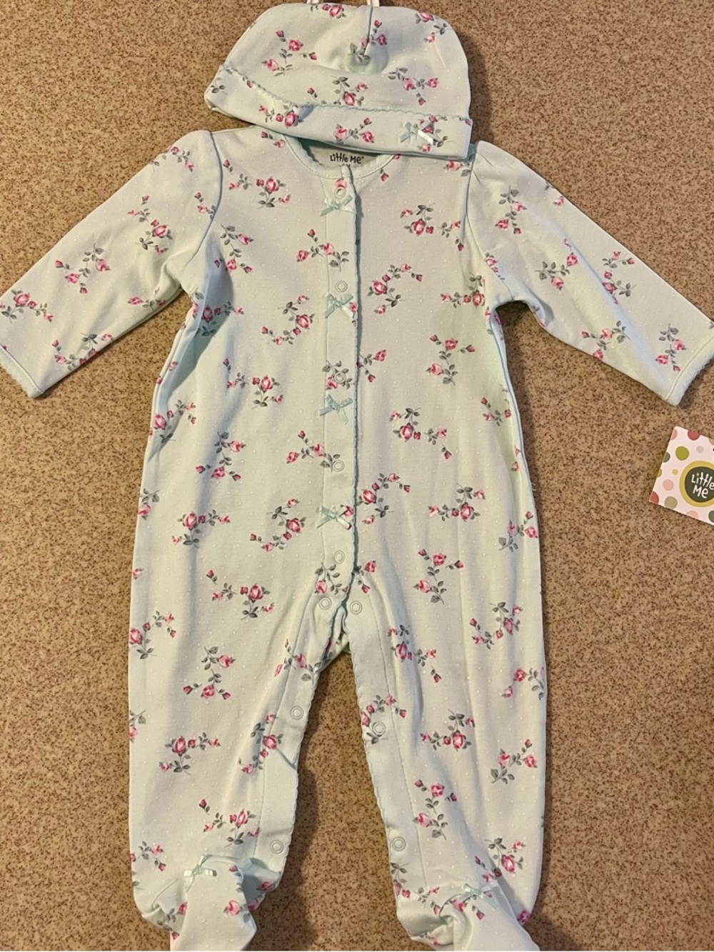 Little Me Mint Floral Footed One-Piece with Matching Hat